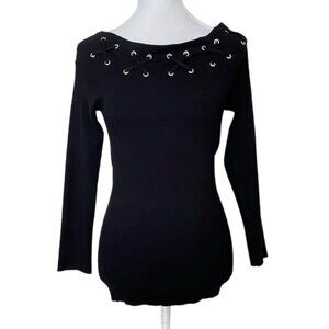Michael Kors Womens Black Studded Off Shoulder Long Sleeve Ribbed Sweater M